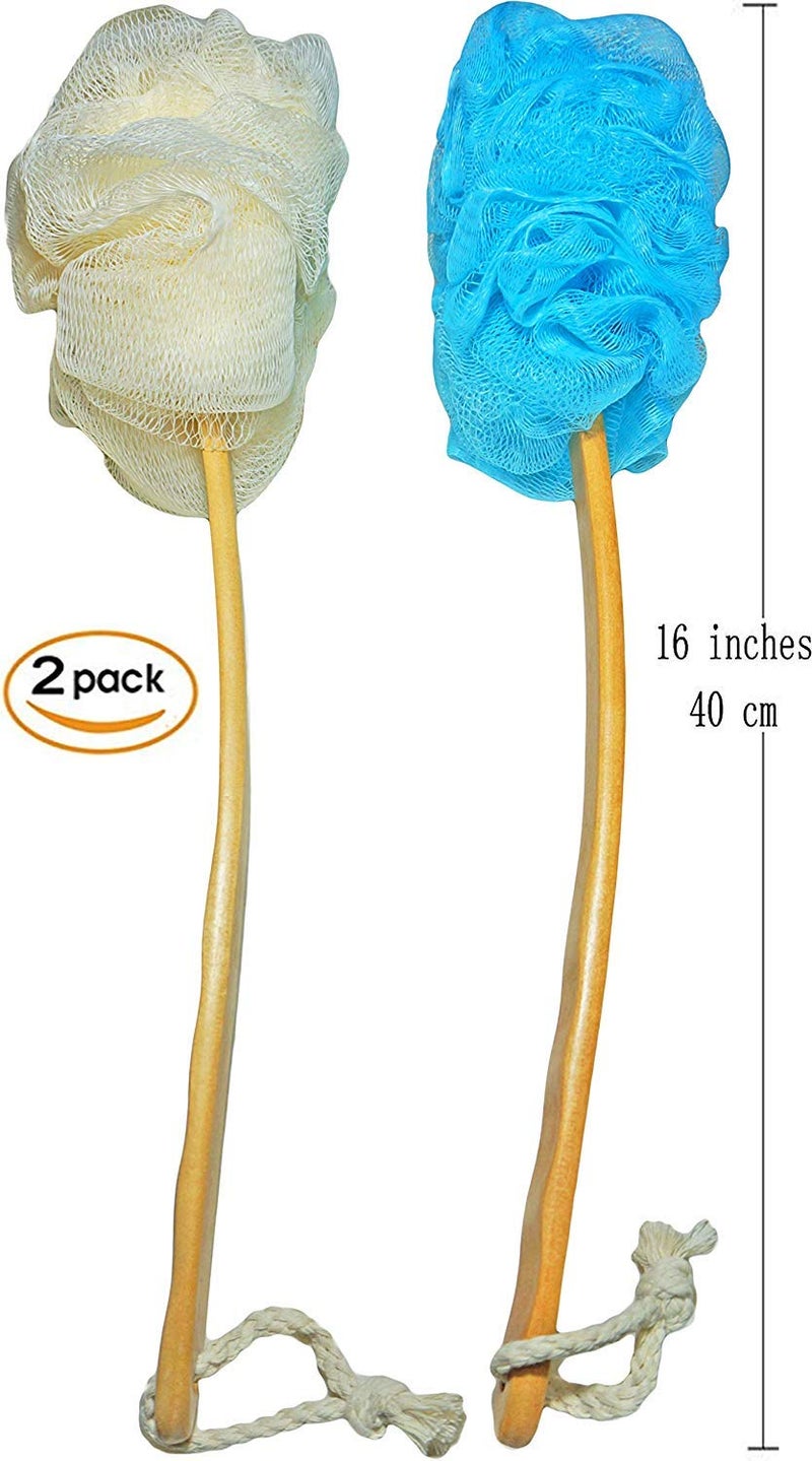 JINS-Hung 2-Pack Shower Loofah Body & Back Scrubber - Exfoliating Loofah luffa loofa Bath Brush On a Stick - with Long Wooden Handle Back Brush for Men & Women - Easy Reach Body Wash & Lotion Applicator - Image 2